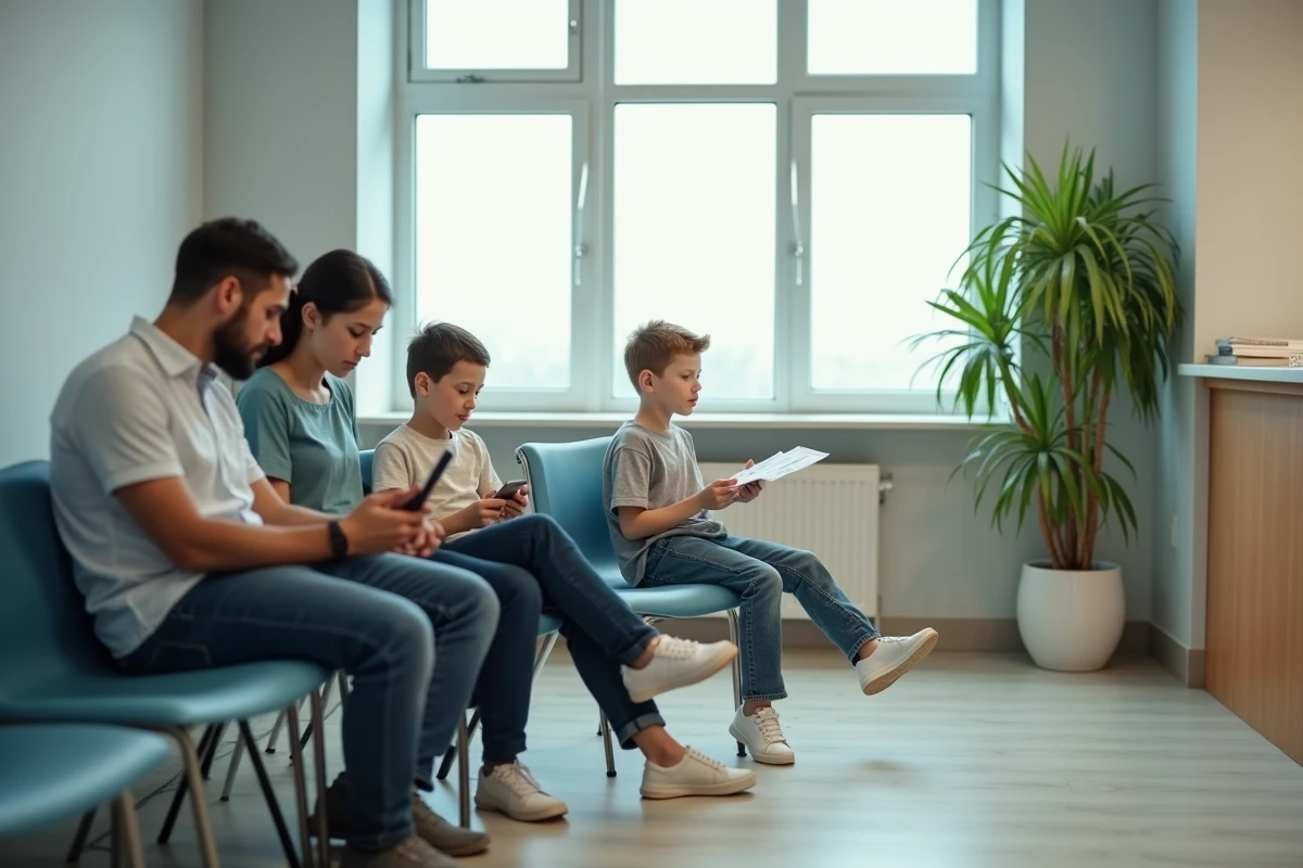 Famille avec enfant TDAH dans une salle d'attente médicale illustrant le contexte de diagnostic et d'hérédité familiale