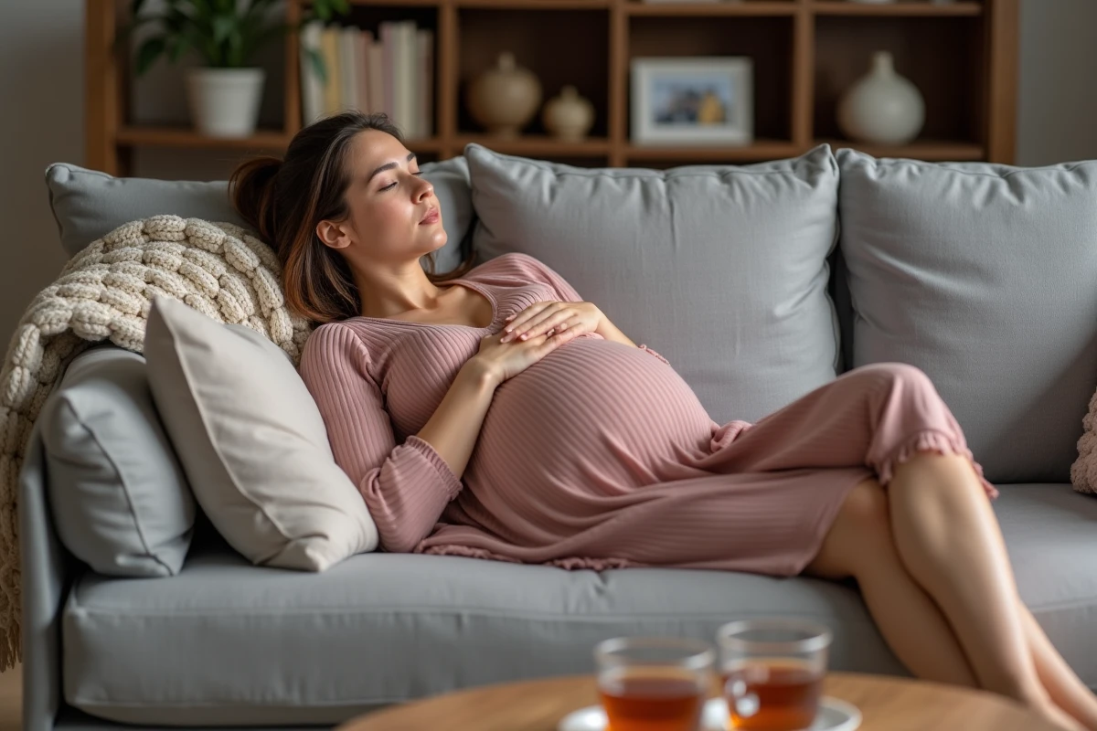 Femme enceinte somnolant sur un canapé gris avec une tasse de tisane, expression détendue, intérieur cosy et chaleureux