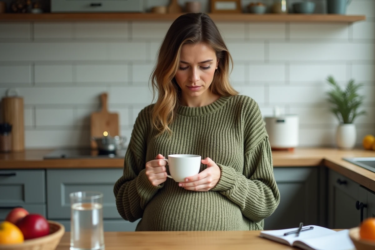 Femme enceinte fatiguée le matin à la cuisine tenant une tasse de tisane
