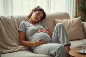 Femme enceinte fatiguée au premier trimestre assise sur un canapé avec les yeux mi-clos