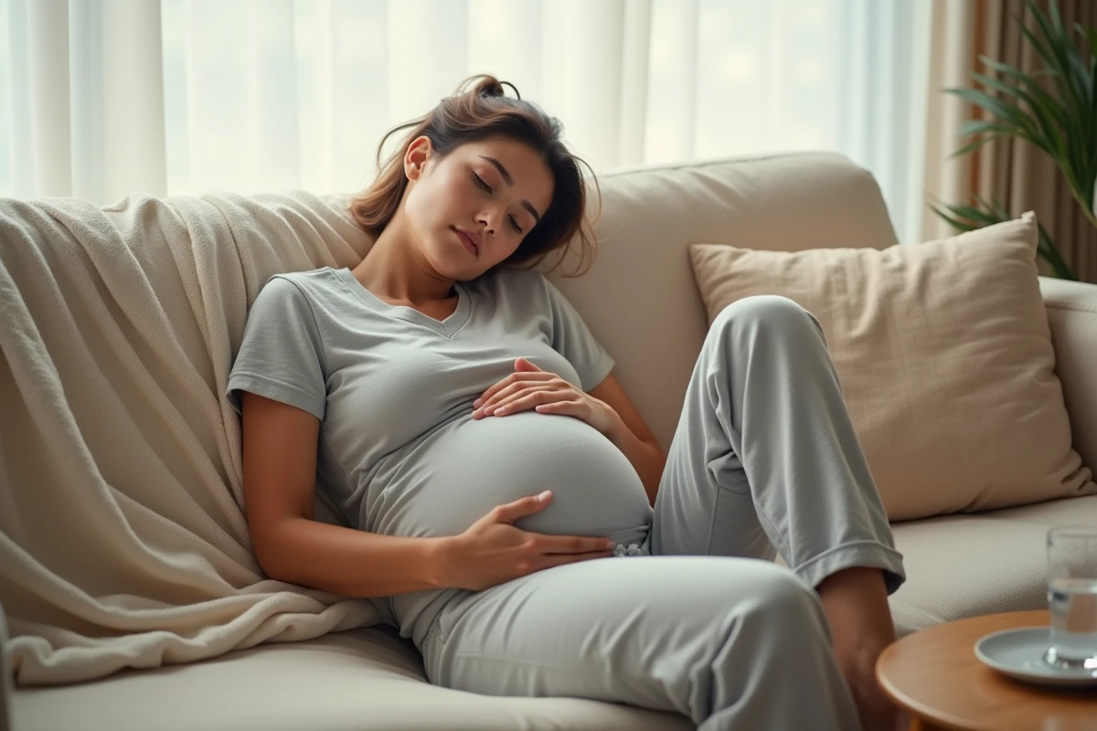 Femme enceinte fatiguée au premier trimestre assise sur un canapé avec les yeux mi-clos