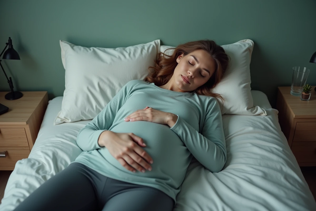 Femme enceinte faisant une sieste sur son lit habillée en tenue décontractée