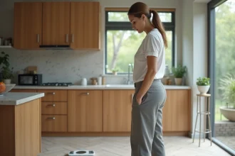 Femme de 40 ans regardant une balance dans sa cuisine, illustrant la prise de poids à la quarantaine