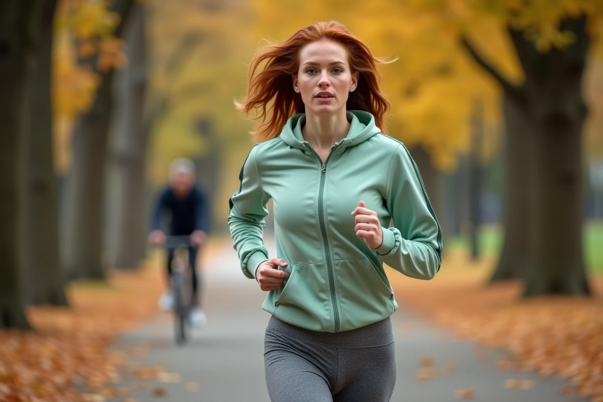 Femme de 40 ans faisant du jogging dans un parc en automne dans le cadre d'un programme de perte de poids