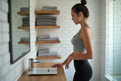 Femme de 40 ans qui surveille son poids sur une balance connectée dans une salle de bain moderne