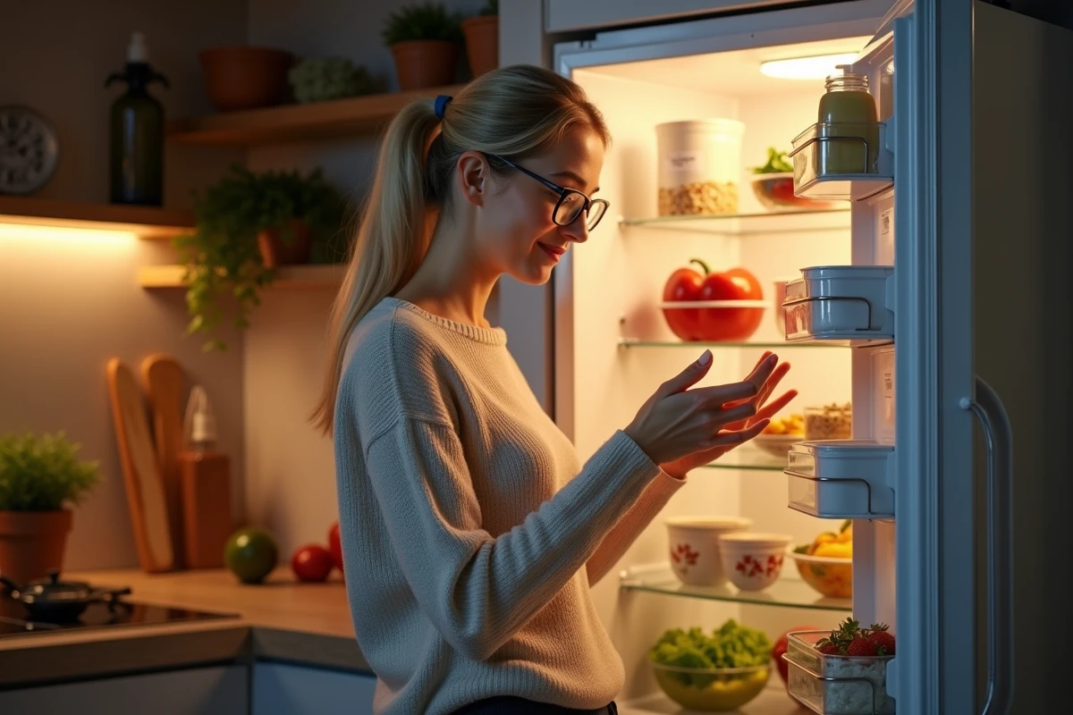 Femme de 40 ans lisant une étiquette nutritionnelle devant son réfrigérateur ouvert, illustrant la gestion alimentaire et la prise de poids