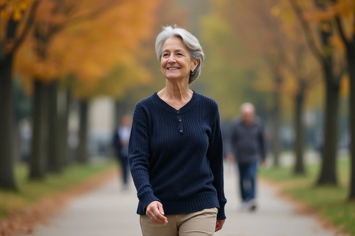 Femme âgée marchant dans un parc après une opération de pose de stent cardiaque, illustrant une reprise d'activité physique