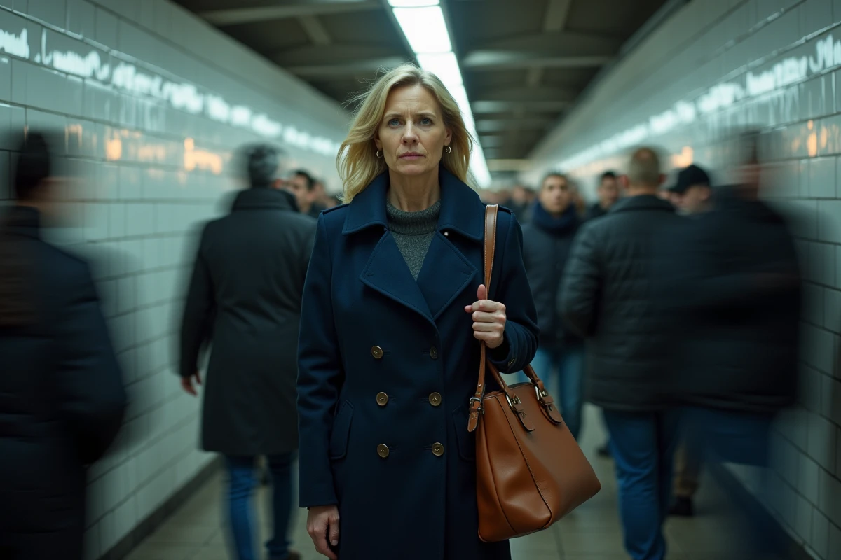 Femme en proie à l'agoraphobie à l'entrée d'une station de métro bondée