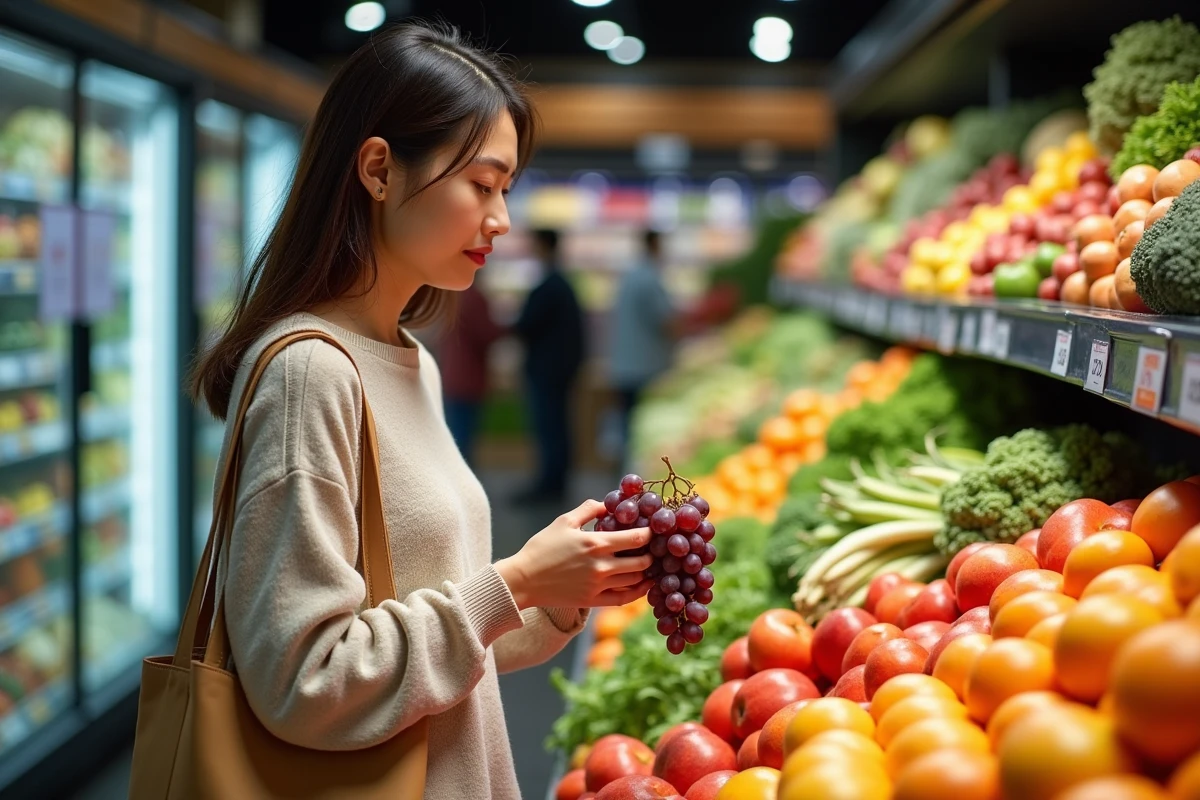 Jeune femme choisissant des fruits et légumes frais au supermarché, représentant une alimentation saine sans sucre ajouté