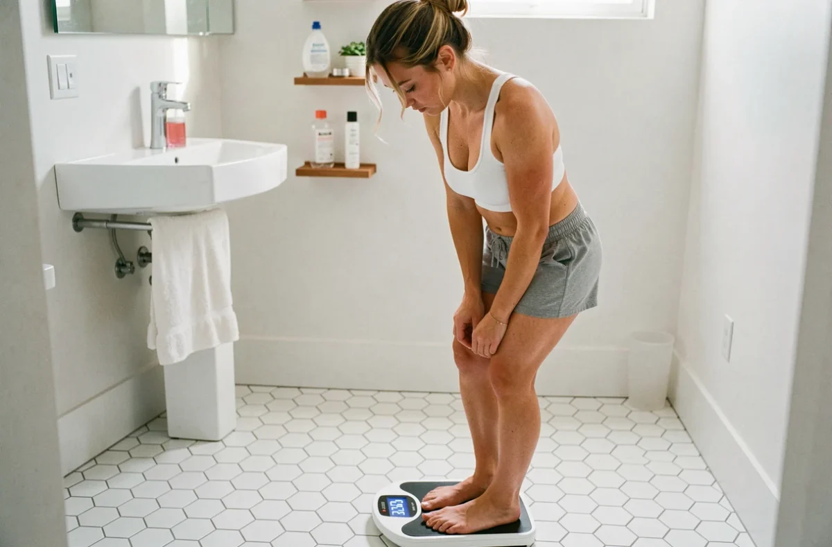 Femme se pesant sur une balance dans une salle de bain moderne dans le cadre d'un suivi de perte de poids