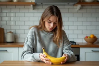 Jeune femme tenant une banane mûre dans une cuisine, remède naturel contre les nausées