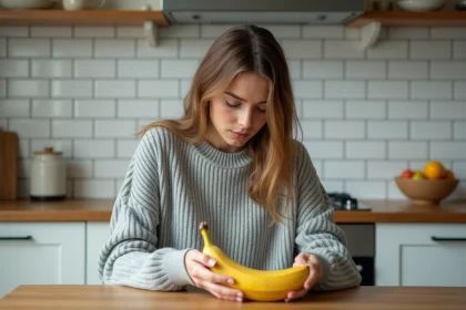 Jeune femme tenant une banane mûre dans une cuisine, remède naturel contre les nausées