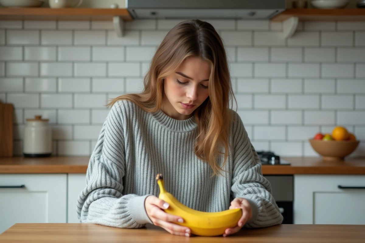 Jeune femme tenant une banane mûre dans une cuisine, remède naturel contre les nausées