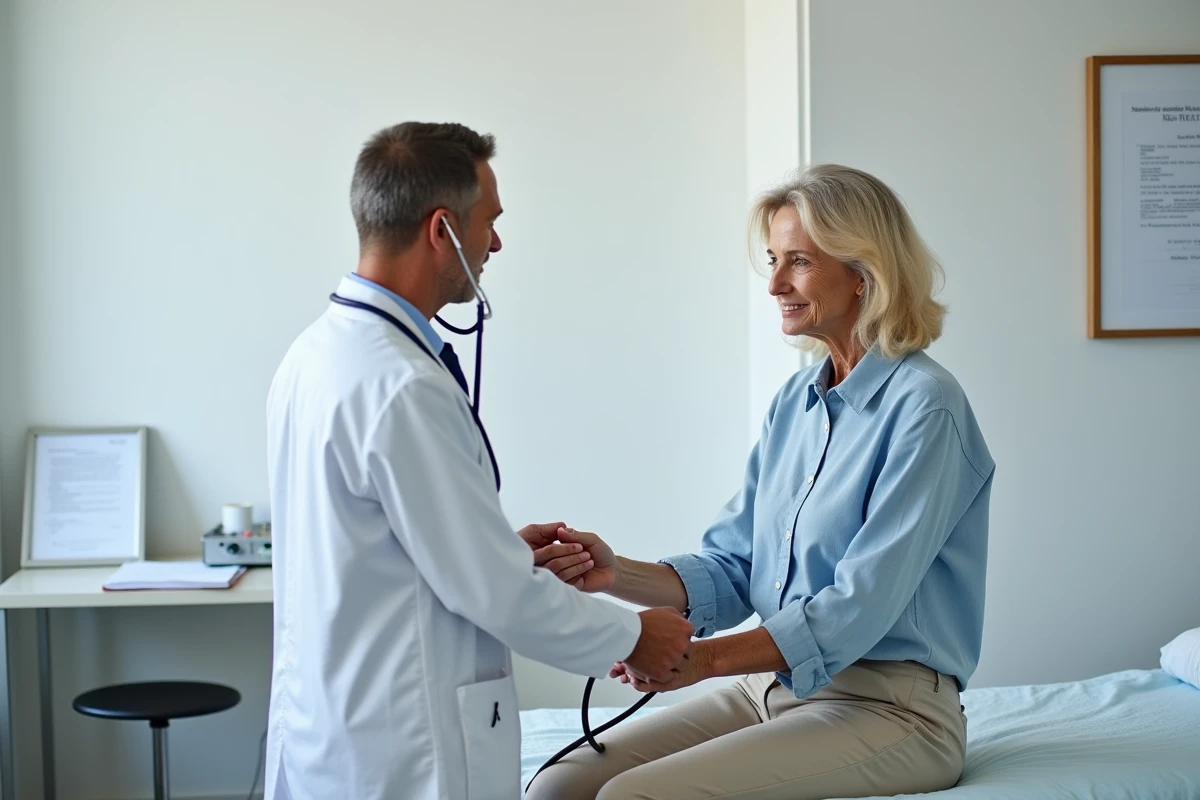 Femme de 50 ans lors d'un bilan de santé chez le médecin, illustrant l'importance du suivi médical régulier pour évaluer la santé du corps