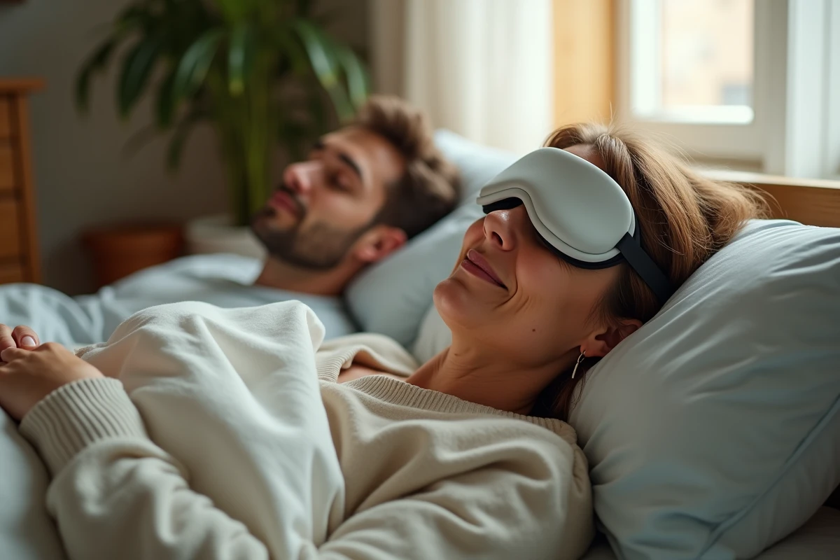 Femme portant des bouchons d'oreilles dormant sereinement à côté d'un homme qui ronfle tôt le matin