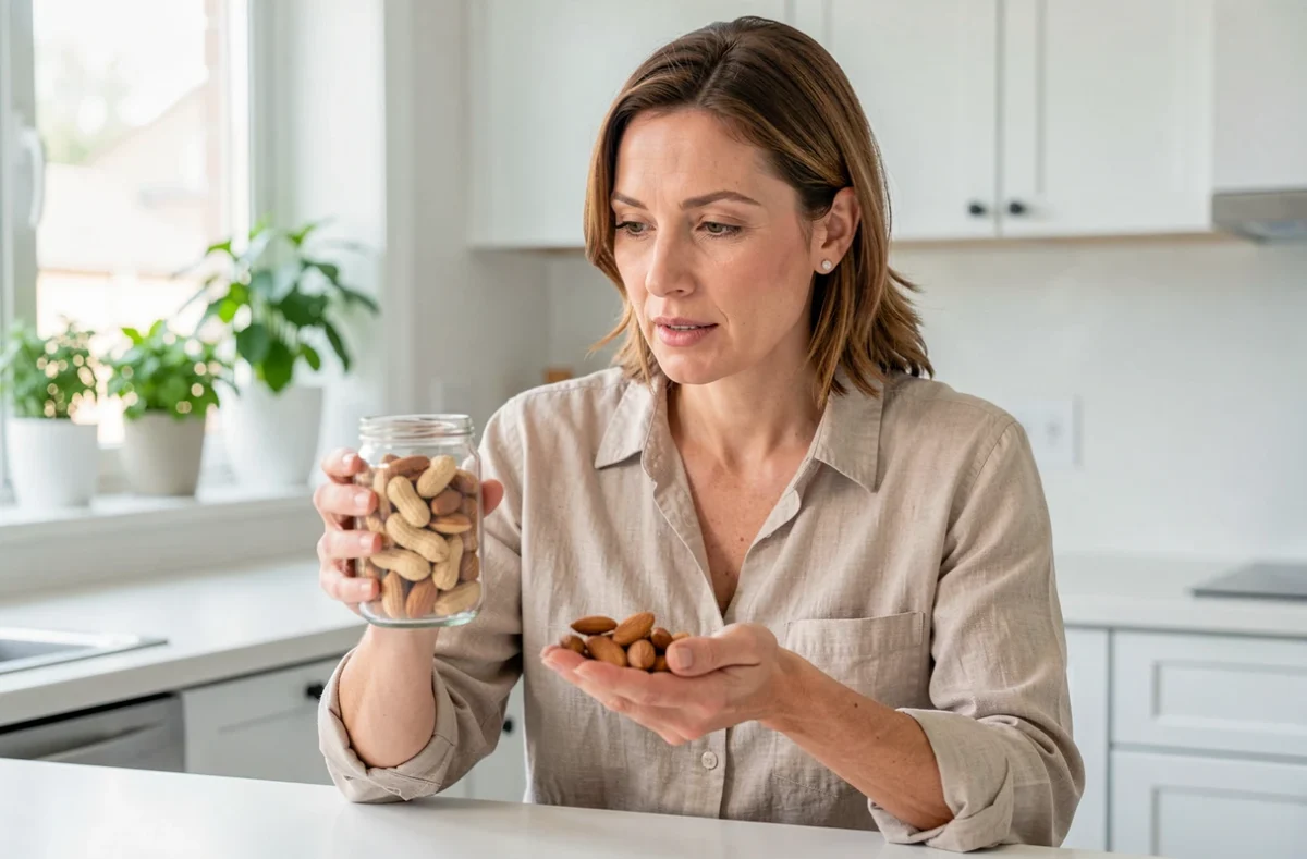 Femme tenant un bocal de cacahuètes grillées et des amandes crues dans une cuisine moderne, réflexion sur les bienfaits nutritionnels des oléagineux