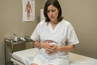 Femme assise sur une table d'examen gynécologique tenant son bas-ventre, exprimant une gêne abdominale liée à un kyste ovarien