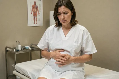 Femme assise sur une table d'examen gynécologique tenant son bas-ventre, exprimant une gêne abdominale liée à un kyste ovarien