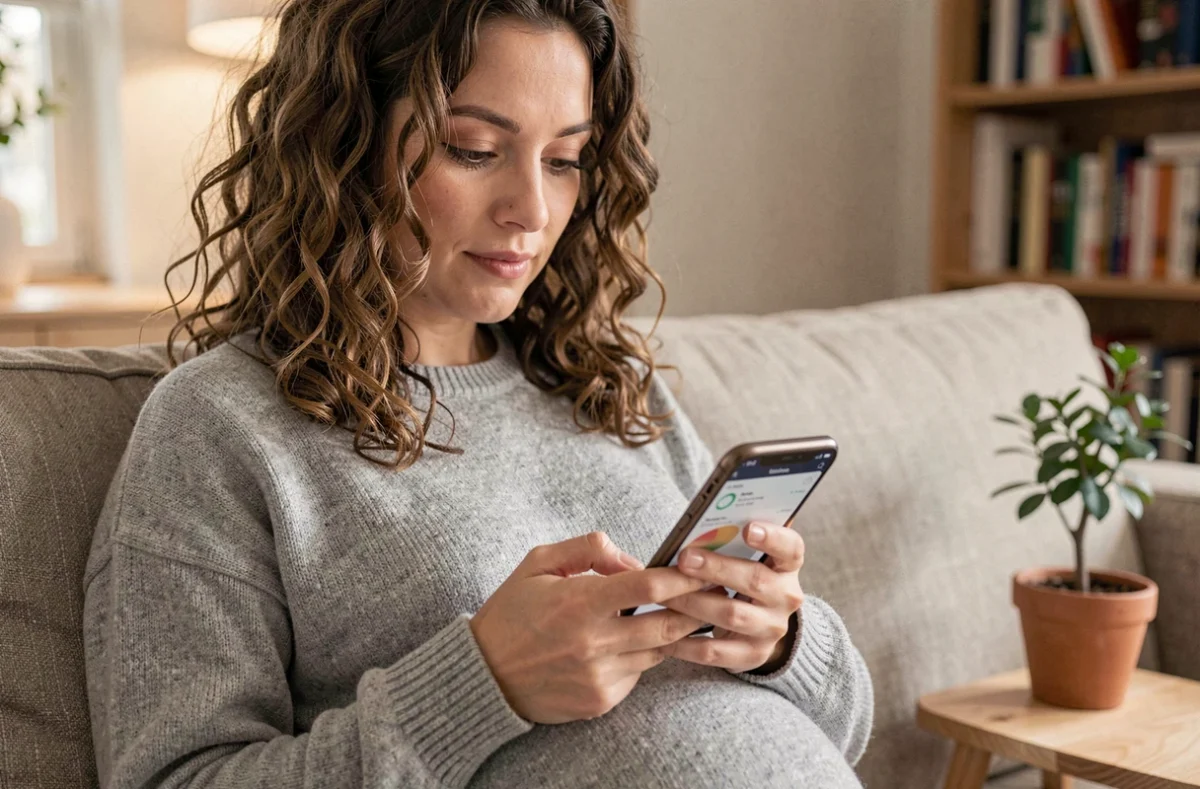 Femme enceinte utilisant une application de suivi de cycle menstruel sur smartphone