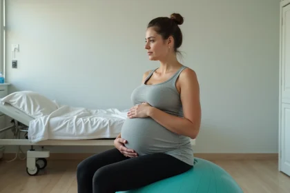 Femme enceinte assise sur un ballon d'accouchement en salle de travail à la maternité