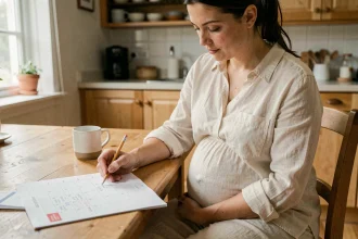 Femme enceinte calculant sa date d'accouchement sur un calendrier à la maison
