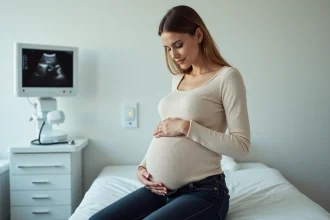 Femme enceinte en consultation prénatale tenant son ventre dans une clinique obstétricale moderne