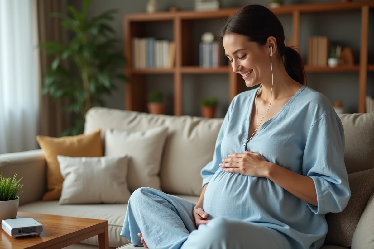 Femme enceinte à la maison écoutant les battements de cœur de son bébé avec un doppler fœtal