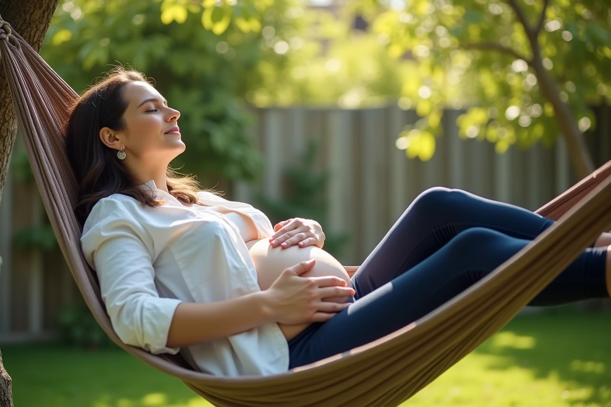Femme enceinte allongée dans un hamac en plein air, yeux fermés, se reposant paisiblement dans un jardin verdoyant en journée