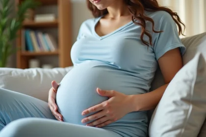 Femme enceinte posant les mains sur son ventre arrondi dans un salon chaleureux