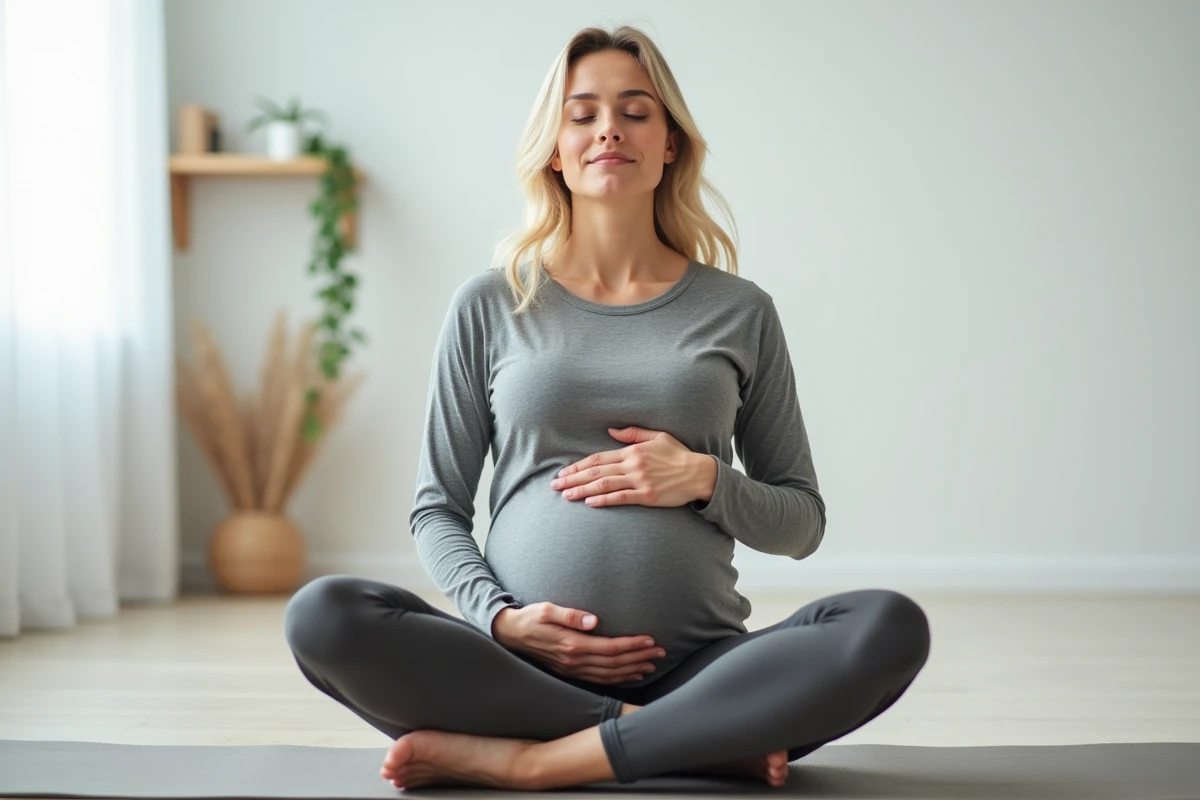 Femme enceinte en méditation sur un tapis de yoga, les mains posées sur son ventre