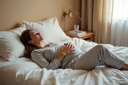 Femme enceinte dormant paisiblement sur le côté dans un lit blanc, main posée sur le ventre, atmosphère matinale douce et naturelle