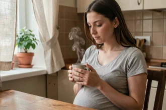 Femme enceinte tenant une tasse de tisane dans une cuisine, s'interrogeant sur la consommation de tisane minceur pendant la grossesse