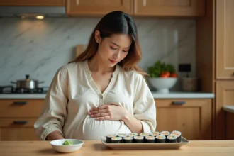 Femme enceinte regardant du wasabi et des sushis avec une expression interrogative, assise dans une cuisine en bois