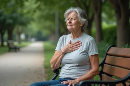 Femme d'âge mûr assise sur un banc de parc, la main sur la poitrine, souffrant d'essoufflement après un effort physique léger