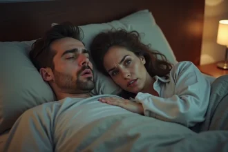 Femme allongée éveillée à côté d'un homme qui ronfle dans un lit moderne aux draps en lin beige