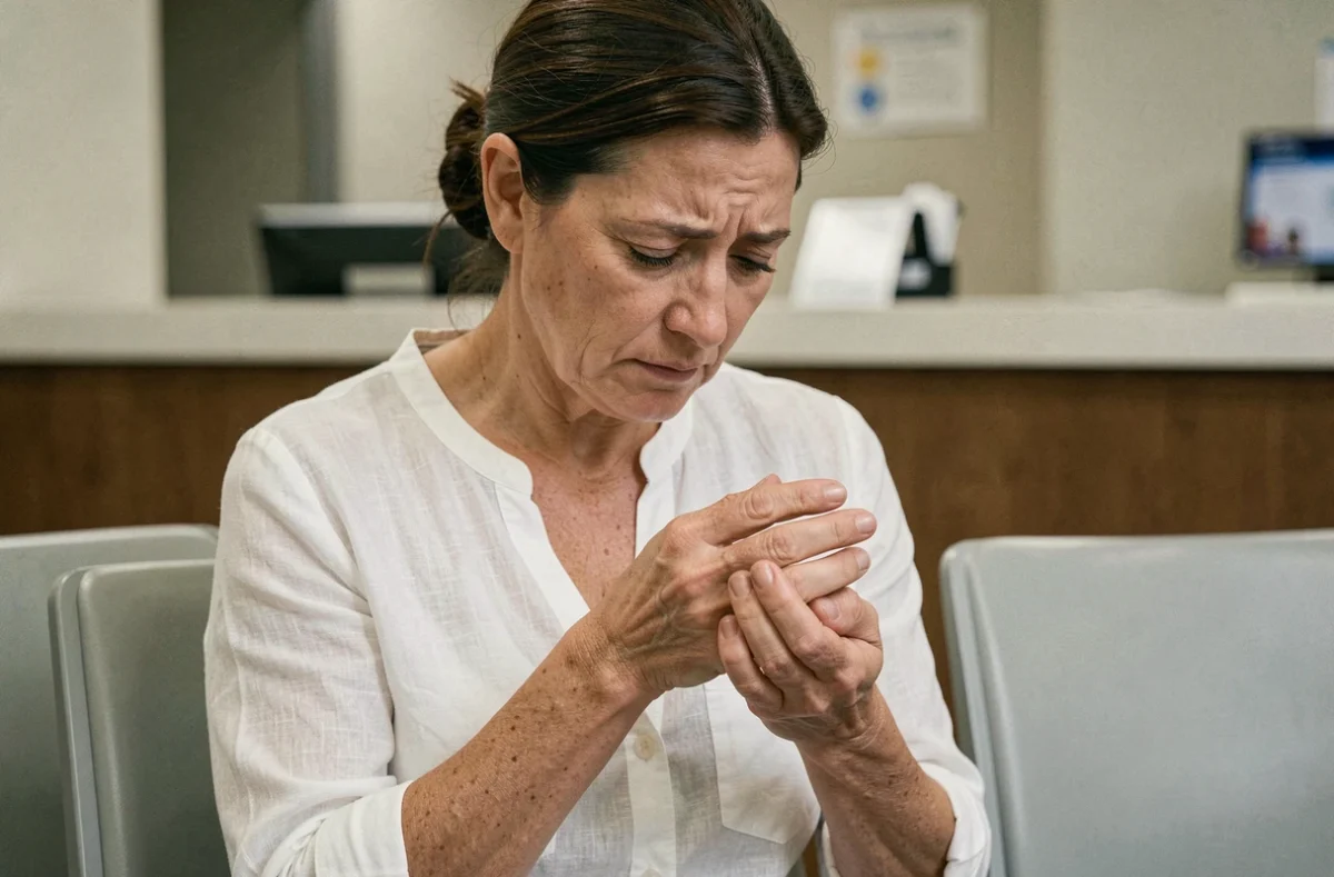 Femme massant ses doigts dans une salle d'attente médicale, évoquant les symptômes de neuropathie périphérique comme les fourmis et la raideur