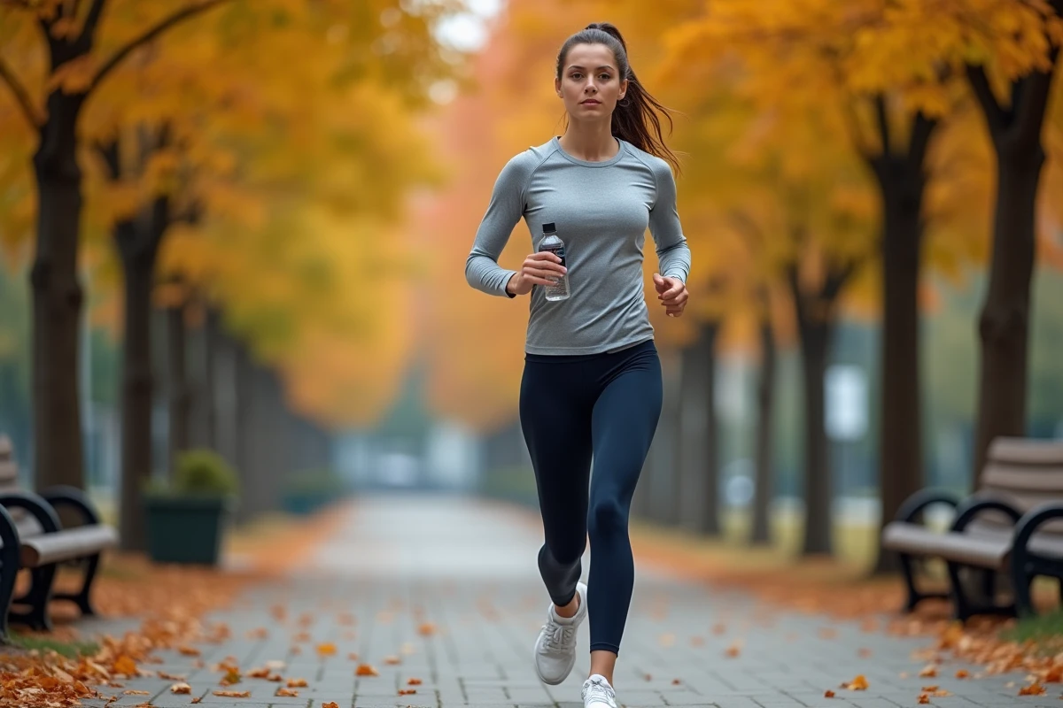 Femme en tenue de sport marchant d'un pas vif dans un parc urbain en automne pour perdre du poids