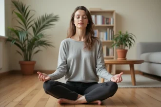 Femme en méditation dans un salon minimaliste, illustrant l'importance de la santé mentale et du bien-être intérieur
