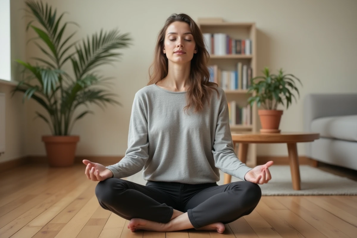 Femme en méditation dans un salon minimaliste, illustrant l'importance de la santé mentale et du bien-être intérieur