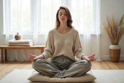 Femme méditant seule en position assise sur un coussin en lin dans un salon minimaliste scandinave