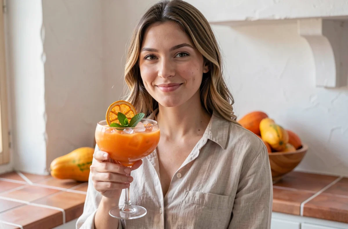 Jeune femme tenant un verre de mocktail à la papaye garni de menthe dans une cuisine aux carreaux en terre cuite