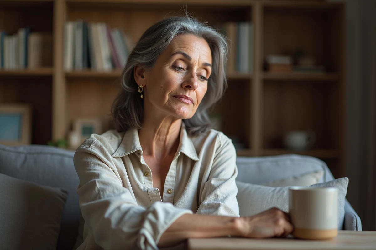 Femme d'une cinquantaine d'années observant pensivement une ancienne cicatrice sur son bras dans un intérieur chaleureux