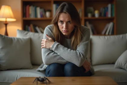 Femme anxieuse assise sur un canapé face à une araignée, illustrant la phobie féminine courante