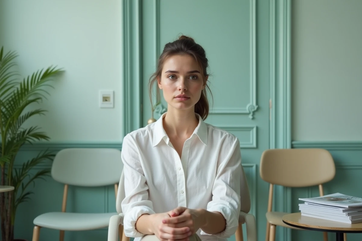 Jeune femme angoissée dans une salle d'attente chez le dentiste, illustrant la phobie dentaire