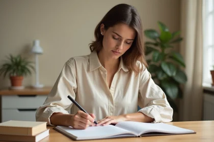 Femme concentrée écrivant dans un agenda structuré dans un bureau minimaliste, illustrant la mise en place d'une routine disciplinée