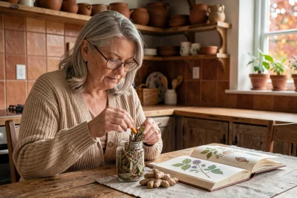 Femme d'une cinquantaine d'années examinant des plantes médicinales pour soulager l'arthrose, avec des remèdes naturels comme le curcuma et le gingembre sur une table en bois rustique