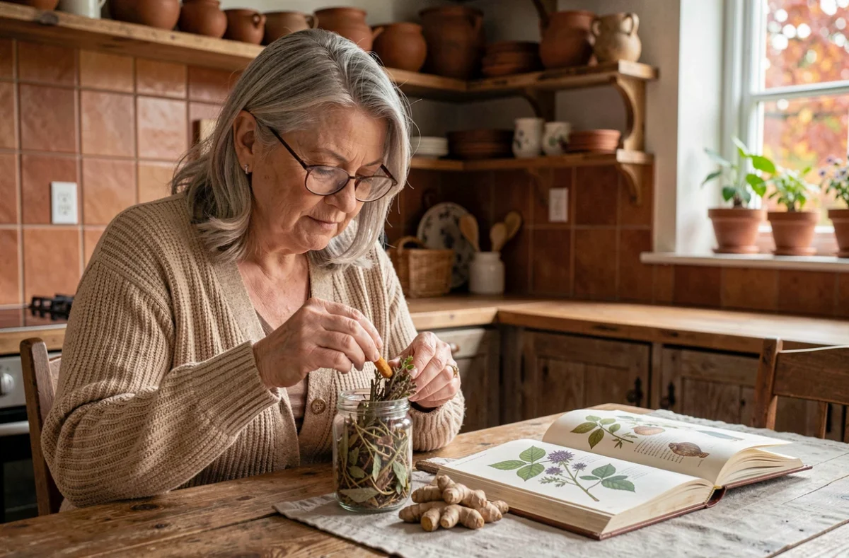 Femme d'une cinquantaine d'années examinant des plantes médicinales pour soulager l'arthrose, avec des remèdes naturels comme le curcuma et le gingembre sur une table en bois rustique