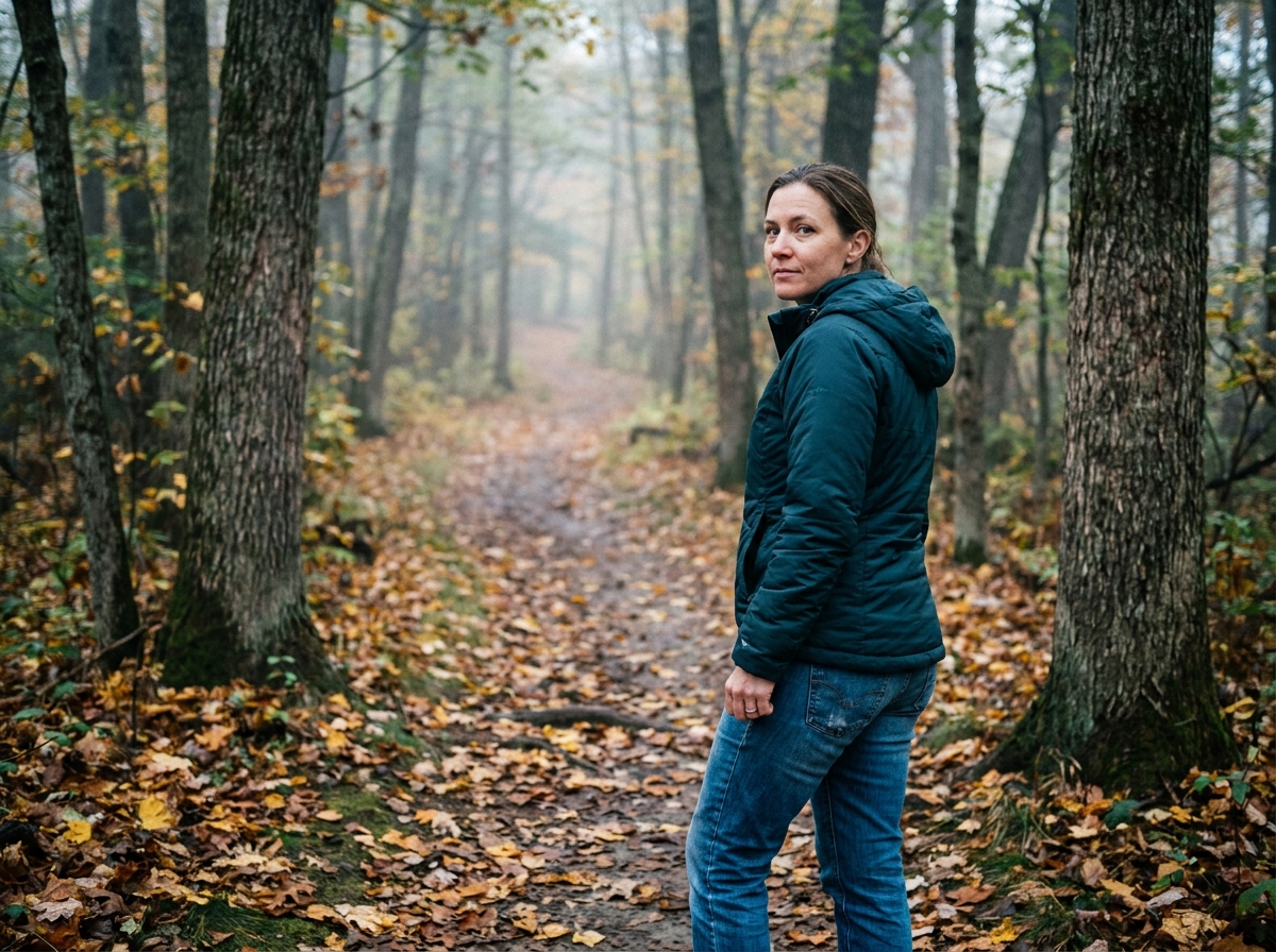 Femme de quarante ans sur un sentier forestier automnal regardant derrière elle, symbole de bilan de vie et de nouveau départ