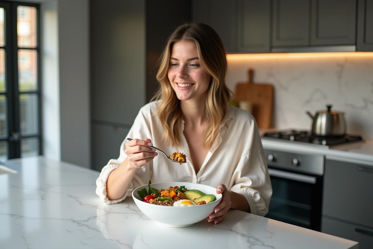 Femme mangeant un bol équilibré de quinoa et légumes rôtis pour le dîner dans une cuisine moderne