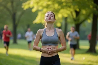 Femme en tenue de sport pratiquant un exercice de respiration profonde dans un parc, signe de bonne santé physique et mentale